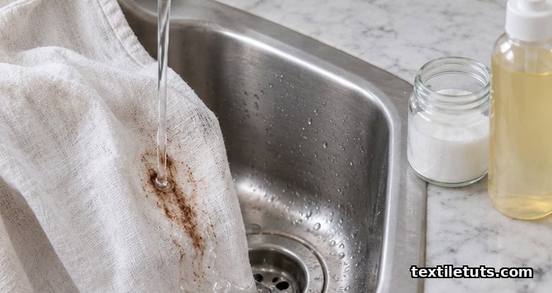 Cold water flushing a chocolate stain from white linen into a stainless steel sink