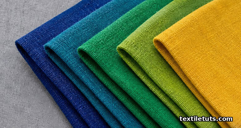Folded cotton fabric swatches fanned out into a spectrum of saturated hues from indigo to golden yellow.