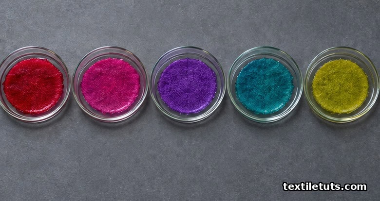 Row of five cotton swatches in pH buffers showing anthocyanin color shift from red at pH 3 to yellow at pH 10.