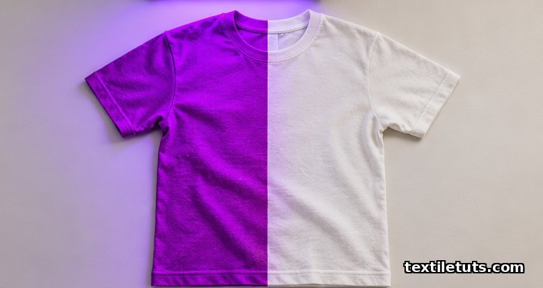 Photochromic t-shirt half bathed in UV light showing magenta, half in shadow showing pale cream.
