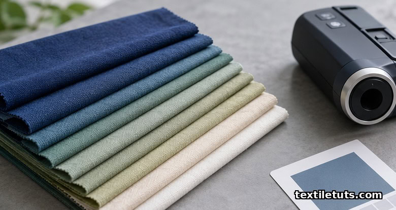 Stacked folded dyed cotton swatches in graduated navy to cream beside a handheld spectrophotometer on a neutral lab benchtop.