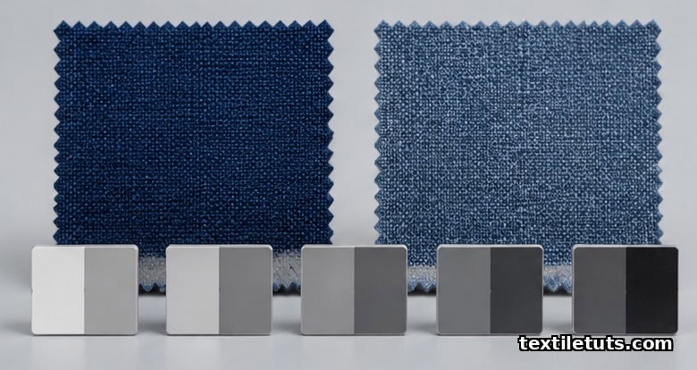 Pristine and faded navy fabric swatches compared against a row of standard gray scale rating cards on a neutral surface.