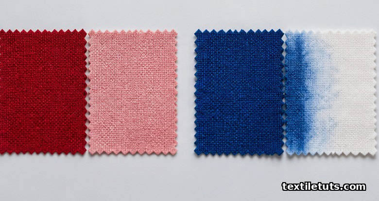 Side-by-side comparison of pristine versus faded red fabric swatches and adjacent white fabric stained by dye bleed.