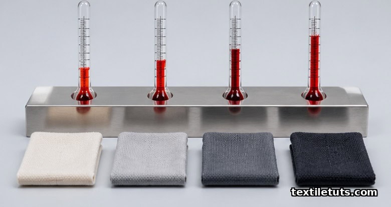 Four glass thermometers in a steel rack with red alcohol columns of increasing height over graded fabric swatches.