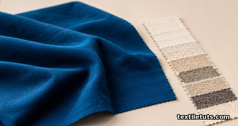 Pristine dyed cotton fabric sample beside an undyed multifiber test strip on a clean laboratory bench, illustrating colorfastness to washing.