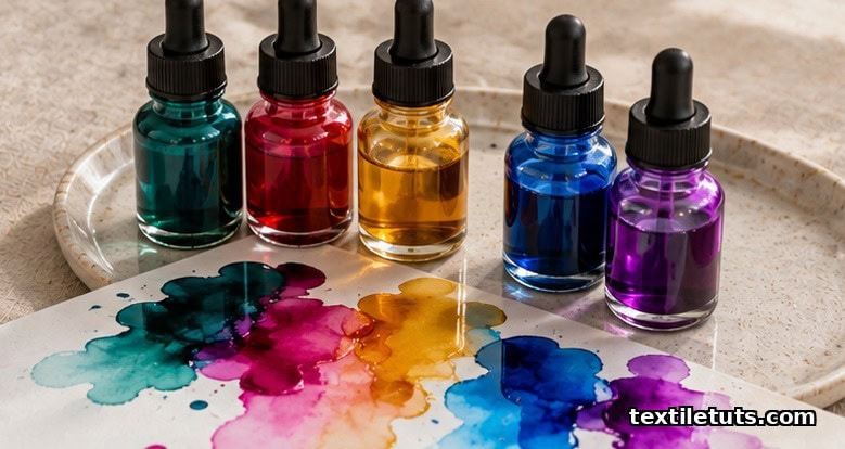 Glass dropper bottles of alcohol ink in jewel tones clustered on a cream ceramic tray with pigment drops on paper.