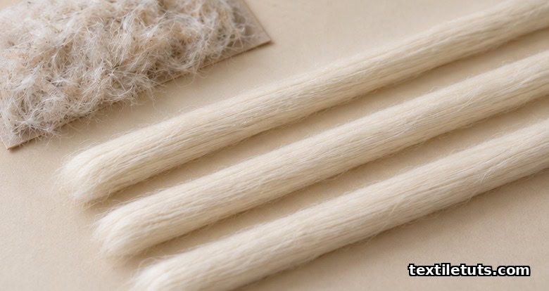 Three strands of combed cotton sliver showing parallel aligned fibers, compared to fuzzier carded sliver.