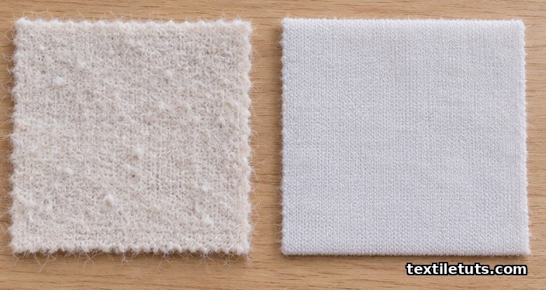 Side-by-side macro view of carded and combed cotton fabric swatches, contrasting fuzzy pilled surface with smooth even weave and clean dye uptake.