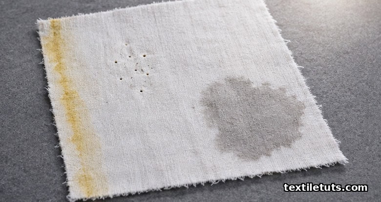 Macro flat-lay of white cotton swatch showing yellowed edge, cluster of pinholes, and uneven absorbency patch from an off-spec combined bath.