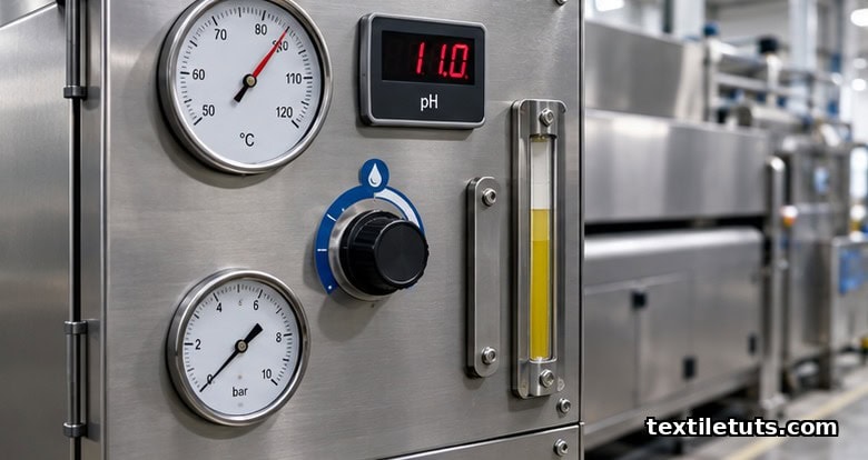 Close-up of a stainless-steel pretreatment control panel showing temperature, pH, stabilizer dosing, and level gauges on a pad-steam range.