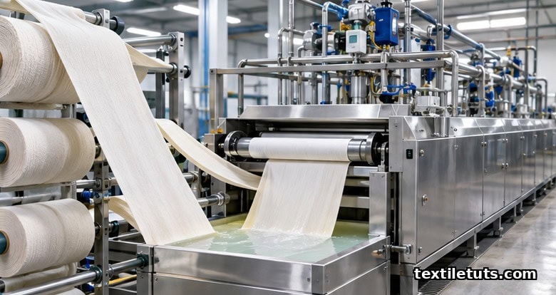 Rolls of cotton woven fabric entering an industrial combined scouring-bleaching bath chamber on a textile pretreatment line.