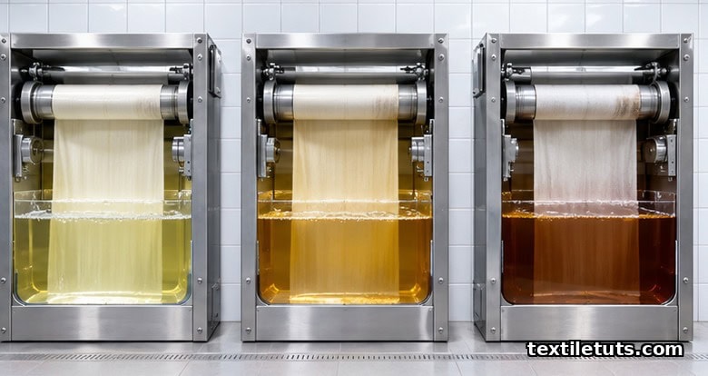 Three cutaway textile wet-bath chambers side by side showing desizing-scouring, scouring-bleaching, and combined one-bath setups.