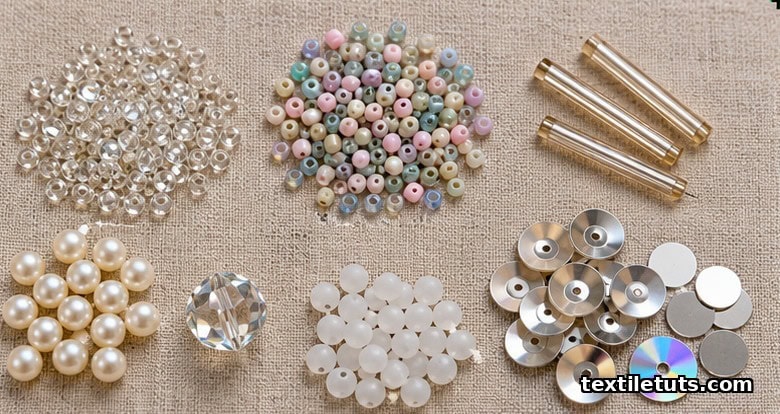 Flat lay of glass seed bugle pearl crystal acrylic beads and cupped flat and holographic sequins on natural linen.