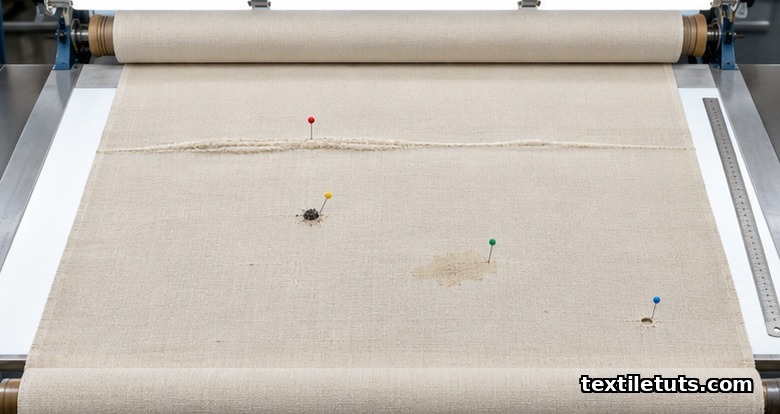 Top-down view of woven fabric on an inspection table showing slubs, neps, oil stains, and holes with a measuring tape.