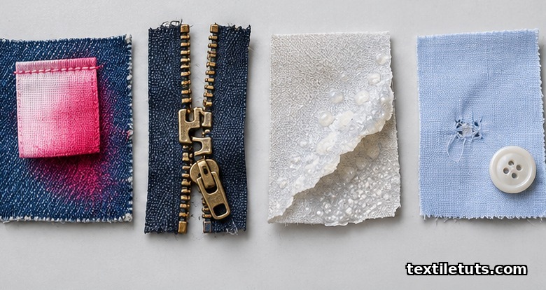 Quality control workbench showing trim defect examples: dye-bleeding care label, bent-tooth zipper with separated slider, delaminated interlining, and a detached shirt button on poplin.