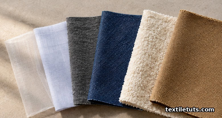 Flat-lay of stacked fabric swatches ordered from sheer voile to heavy canvas, showing GSM weight categories by fabric type.