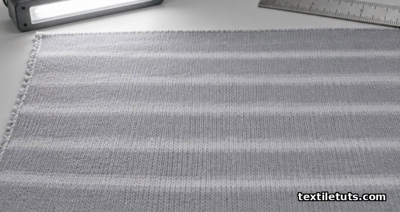 Flat-lay of pale single-jersey knit fabric under raking light showing faint horizontal barré streak bands across the courses.