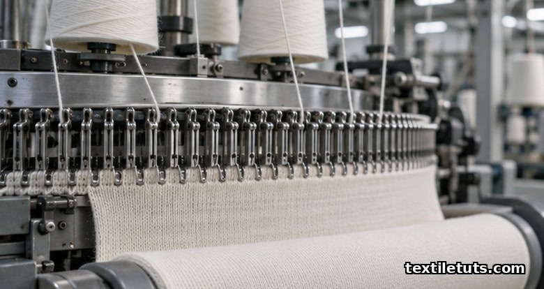 Circular knitting machine bed with latch needles feeding cotton yarn into a tube of single-jersey fabric.