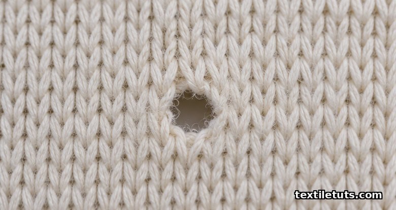 Macro close-up of a single dropped-stitch hole in a single-jersey knit fabric swatch with surrounding loop texture visible.