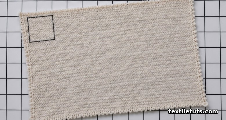 Single-jersey knit fabric square on a measurement grid showing courses tilted off true horizontal to illustrate spirality skew.