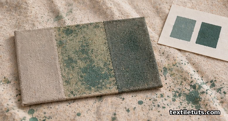 A Sunbrella swatch split into an untouched control zone and a patchy dye test patch beside comparison color chips.