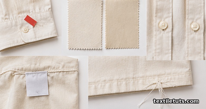 Flat lay of typical PPI defects: skipped stitches on a cuff, shade variation between fabric swatches, misaligned button, off-grain label
