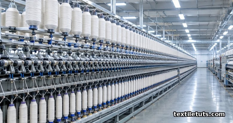 Industrial ring spinning mill interior with rows of automated spinning frames and overhead drafting systems.