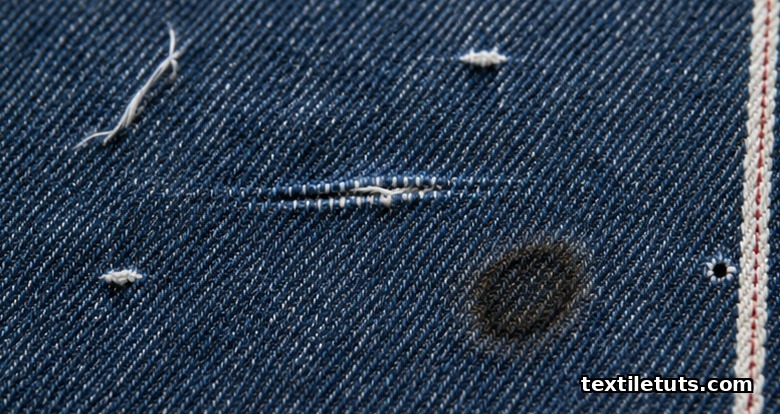 Macro shot of indigo denim showing slubs, broken picks, an oil spot, and a pinhole defect