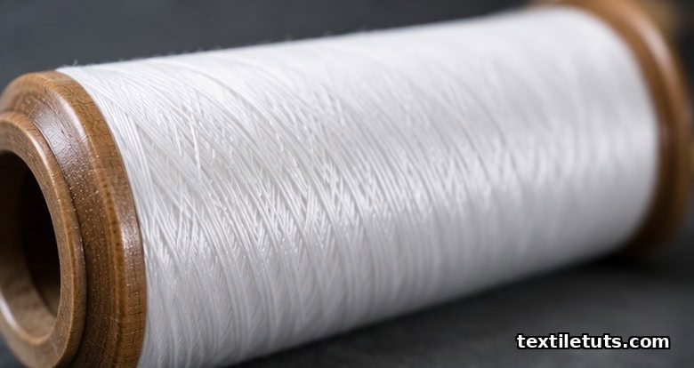 Close-up macro of smooth compact-spun cotton yarn wound on a wooden bobbin, showing the clean low-hairiness surface characteristic of compact spinning.