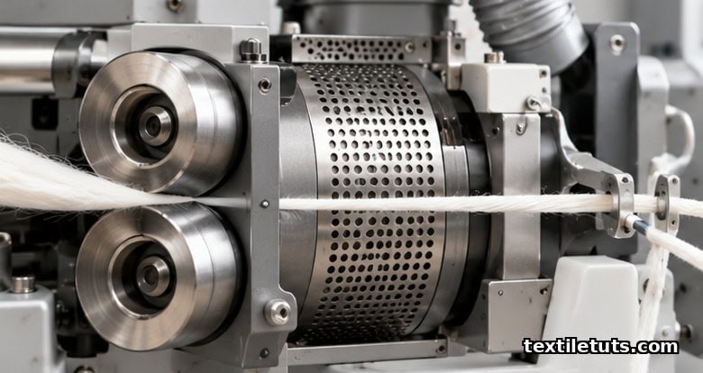 Close-up of compact spinning frame's compact zone condensing a cotton fiber strand into smooth twisted yarn.