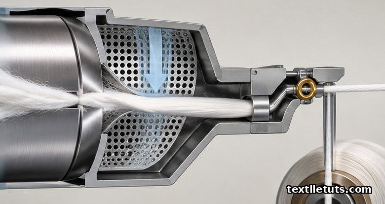 Cutaway diagram of the compact spinning zone showing the front roller, perforated suction apron, condensed fiber ribbon, lappet guide, and traveler.
