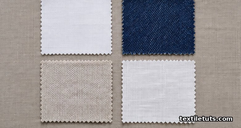 Flat-lay of four premium compact-spun fabric swatches: fine shirting, indigo denim, merino knit jersey, and bed linen on neutral linen backdrop.