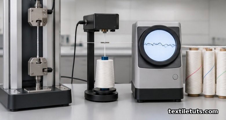 Textile testing lab bench with tensile tester, hairiness meter, and evenness tester arranged for compact-spun yarn quality control.
