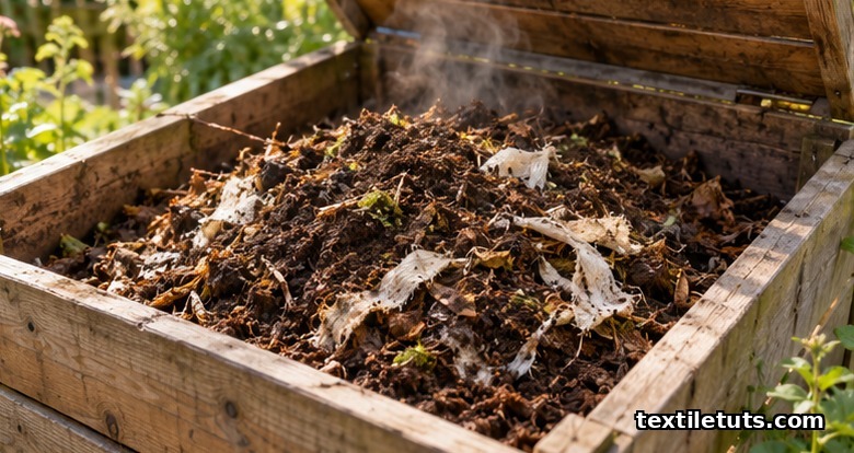Open wooden backyard compost bin with torn linen fabric strips mixed into active compost.