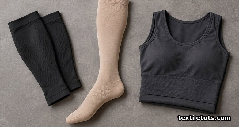 Flat-lay of athletic calf sleeves, a beige medical compression stocking, and a charcoal shaping camisole.