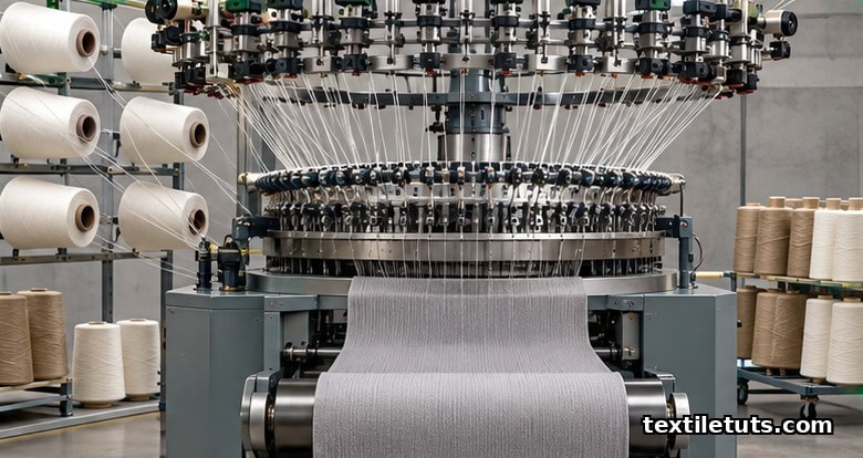 Circular knitting machine feeding elastane and nylon yarns into a rotating needle bed.