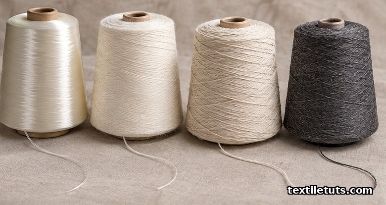 Stacked yarn cones of nylon, polyester, cotton, and elastane fibers on pale linen.