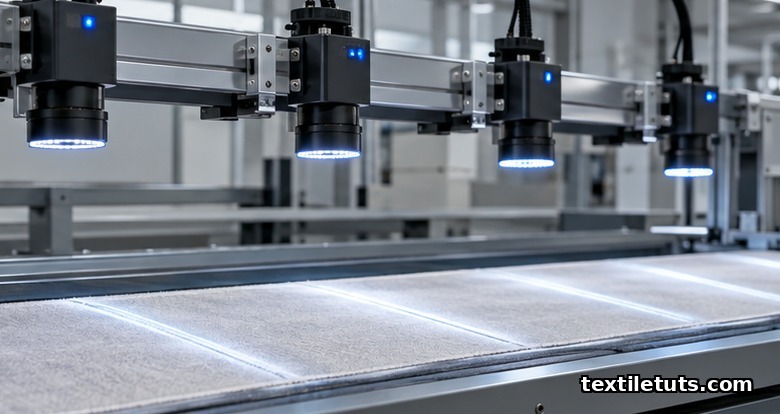 Modern computer-vision fabric inspection system with overhead cameras and LED lights mounted above moving fabric on a conveyor.