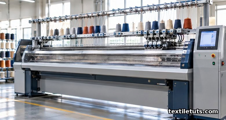 Modern computerized V-bed flat knitting machine with needle bed, servo-driven yarn carriers, and integrated controller screen in a bright mill.