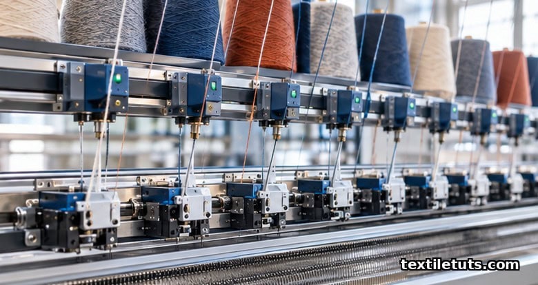 Row of computer-controlled storage feeders and servo-driven yarn carriers feeding colored yarn ends into a flat knitting machine.