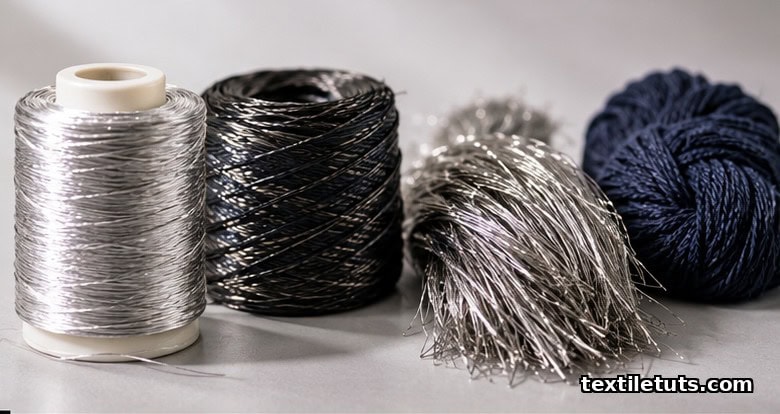 Four conductive yarn samples — silver-coated polyamide, carbon fiber, stainless steel, and PEDOT:PSS-coated cotton — arranged on a studio surface.