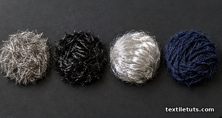 Flat-lay of four conductive fiber tufts: stainless steel, carbon, silver-coated polyamide, and PEDOT:PSS-coated cotton on dark surface.