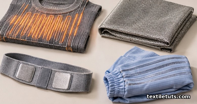 Smart textile applications: knit heating panel, EMI shielding fabric, ECG chest band, and antistatic cleanroom sleeve laid out together.