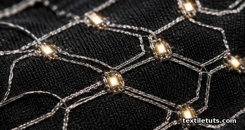 Macro close-up of silver conductive threads hand-embroidered onto black silk with small warm LEDs soldered at circuit intersections.
