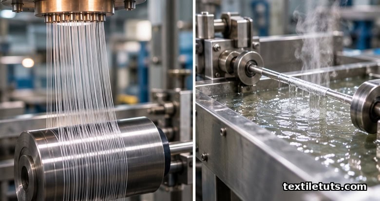 Industrial filament extrusion line with molten polymer through spinneret and silver metallization plating bath for conductive yarn production.