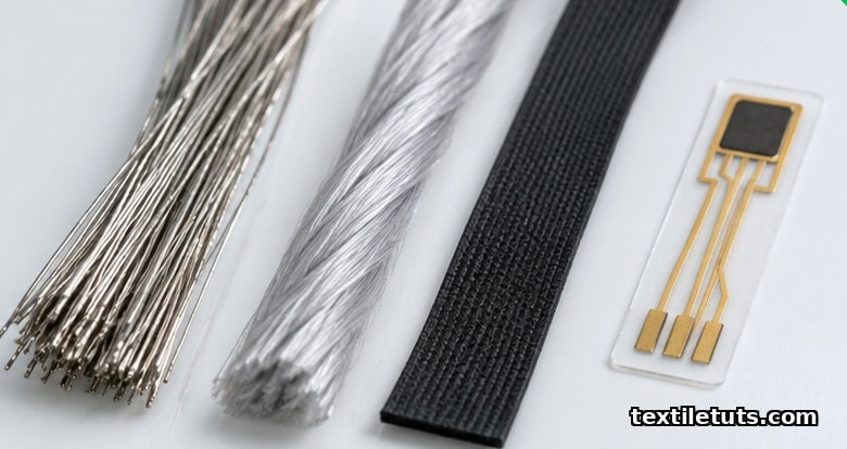 Close-up of conductive yarn samples — stainless-steel filaments, silver-coated nylon, and carbon-loaded polymer — beside a printed sweat-sensing microelectrode strip.