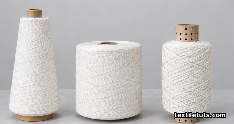 Three yarn package shapes: tapered cone, cylindrical cheese, and cross-wound dye tube