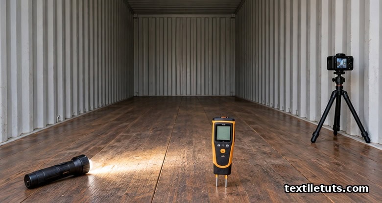 Interior of an empty shipping container showing dry wooden floor planks, a moisture meter, flashlight, and camera during a 7-point survey.
