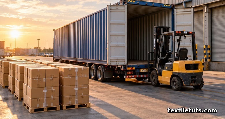 Featured image of a 40-foot High Cube shipping container at a loading bay being loaded with stacked cartons for apparel export.