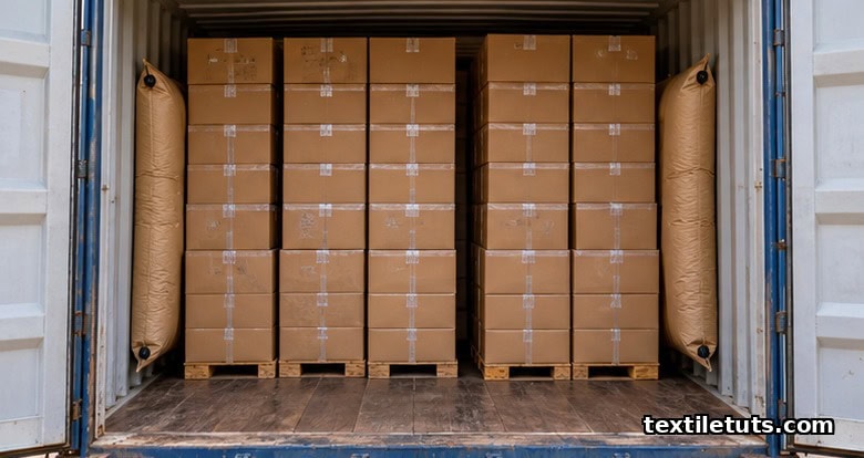 Column-stacked cartons inside a loaded shipping container with dunnage airbags and a gap from the doors showing weight distribution.